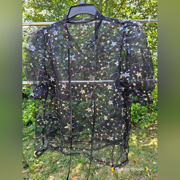 SHEIN Plus Size 0XL -12, Tie Neck Sequin Galaxy Sheer Mesh Top - Picture 3 of 9